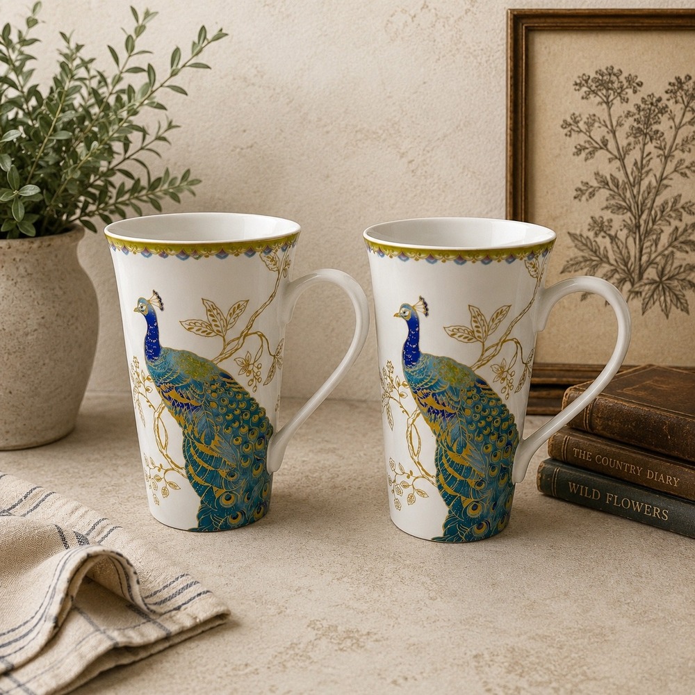 222 Fifth Peacock Garden Fine China Mugs Set of 2 Blue Gold Floral Tall Latte